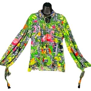La Fuori Bela‎ Fuori Tropical Silk Top Green Long Sleeve Tassel Women's XL